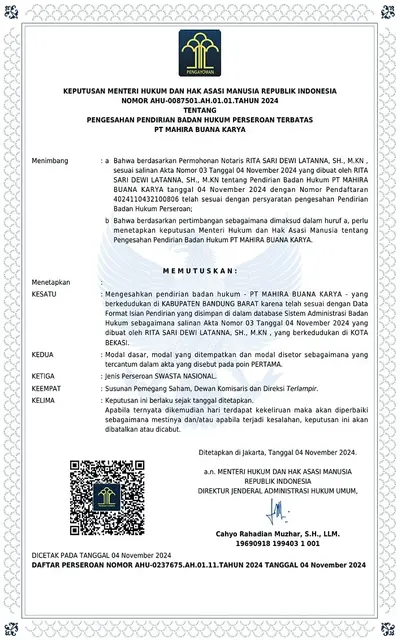 SK Menkumham AHU-0087501.AH.01.01.Tahun 2024 tentang pengesahan badan hukum